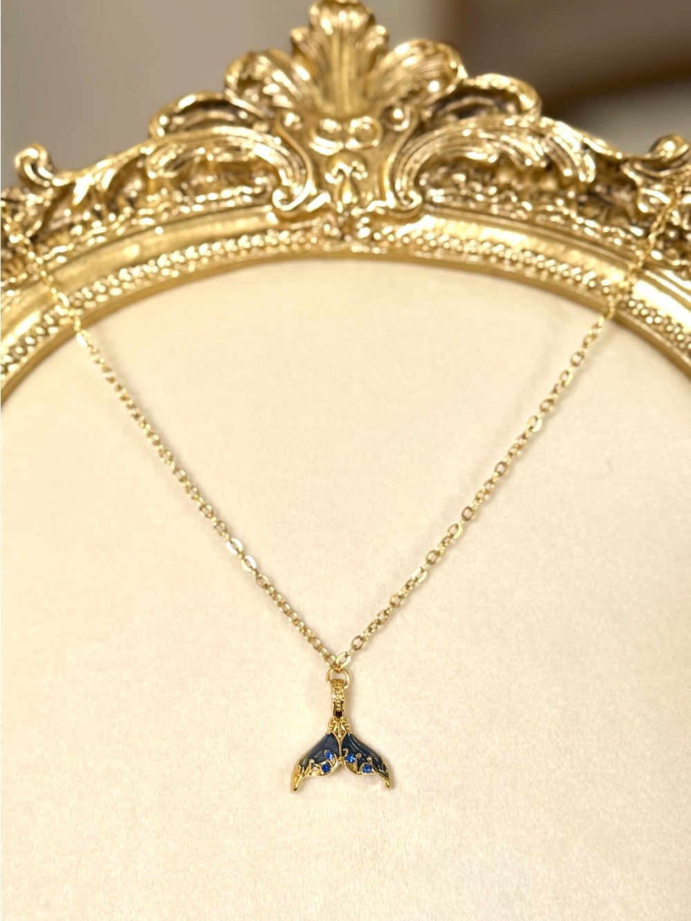 Gold Necklace with Blue Enamel Mermaid Tail Pendant